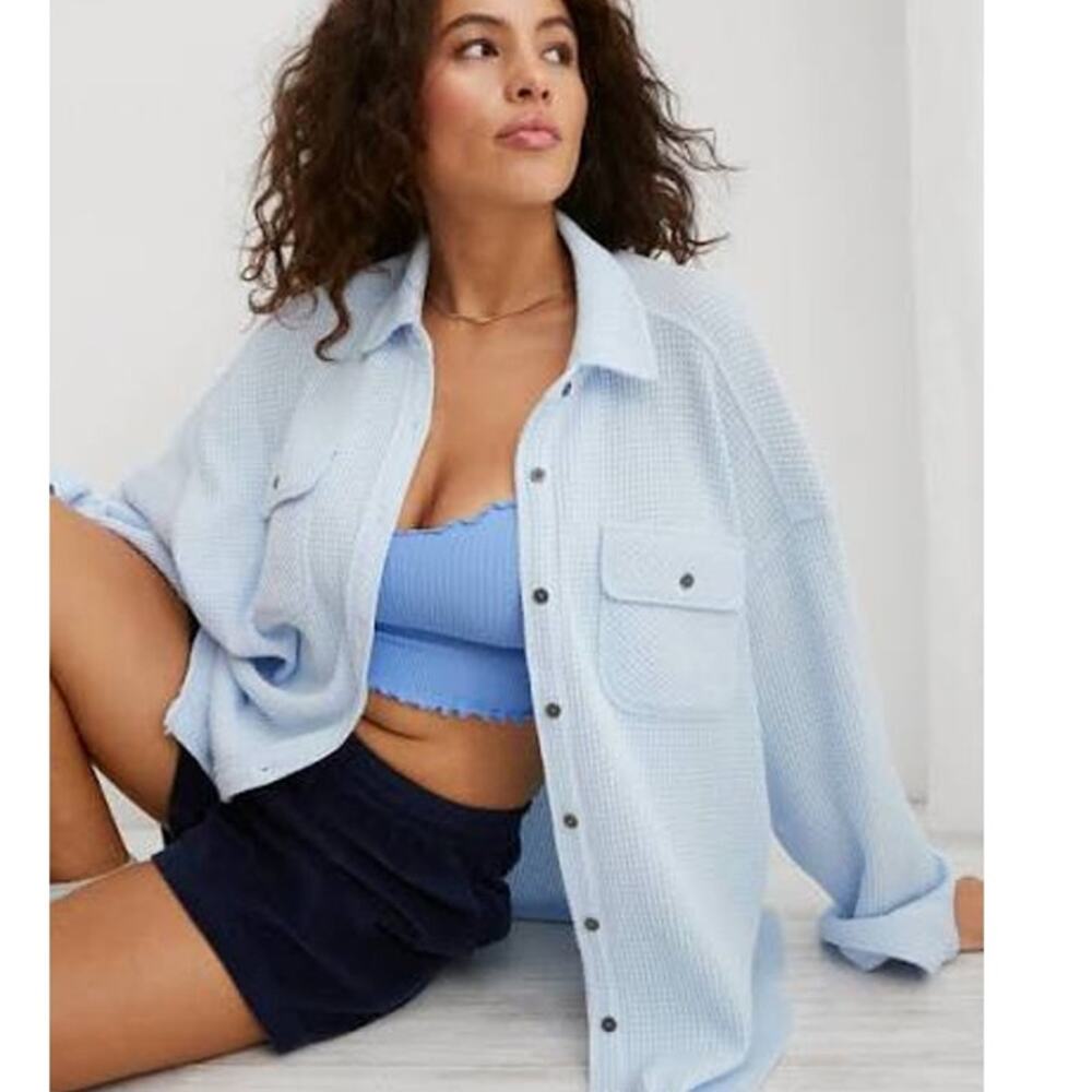 Aerie Lumber Jane Waffle Knit Shirt Womens XL Light Blue Oversized Shacket Top